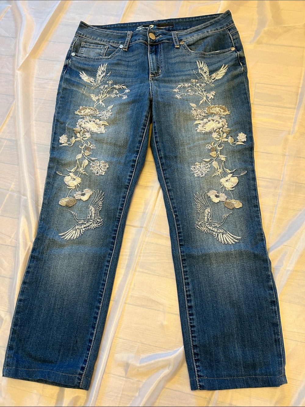 Seven7 Blue Straight-Leg Jeans with White Floral & Bird Embroidery